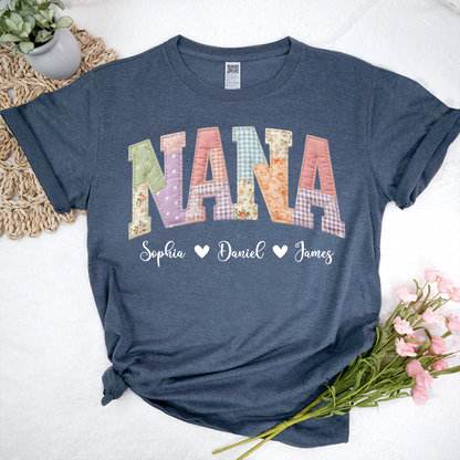 Personalized NANA Shirt – Cute Patchwork Design with Names of Loved Ones, Perfect for Grandmother