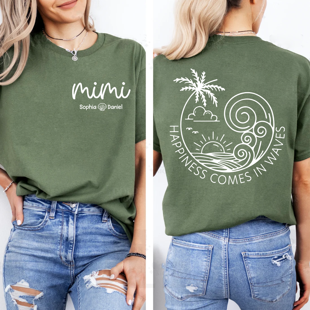 Custom Mimi Shirt with Kids Names, Happiness Comes in Waves Beach Tee, Personalized Grandma Summer Vacation Apparel