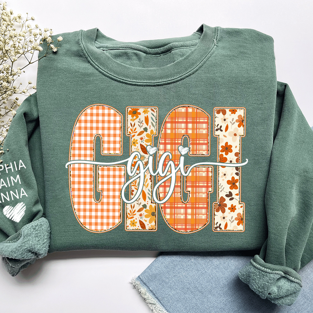 Personalized Gigi Crewneck for Grandma – Fall Colors with Kids' Names on Sleeve