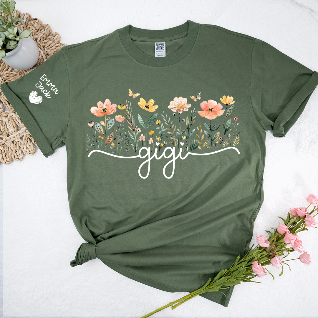Gigi Floral Shirt, Personalized Grandma Tee with Family Names, Flower Garden Graphic T Shirt, Gift for Gigi from Grandchildren