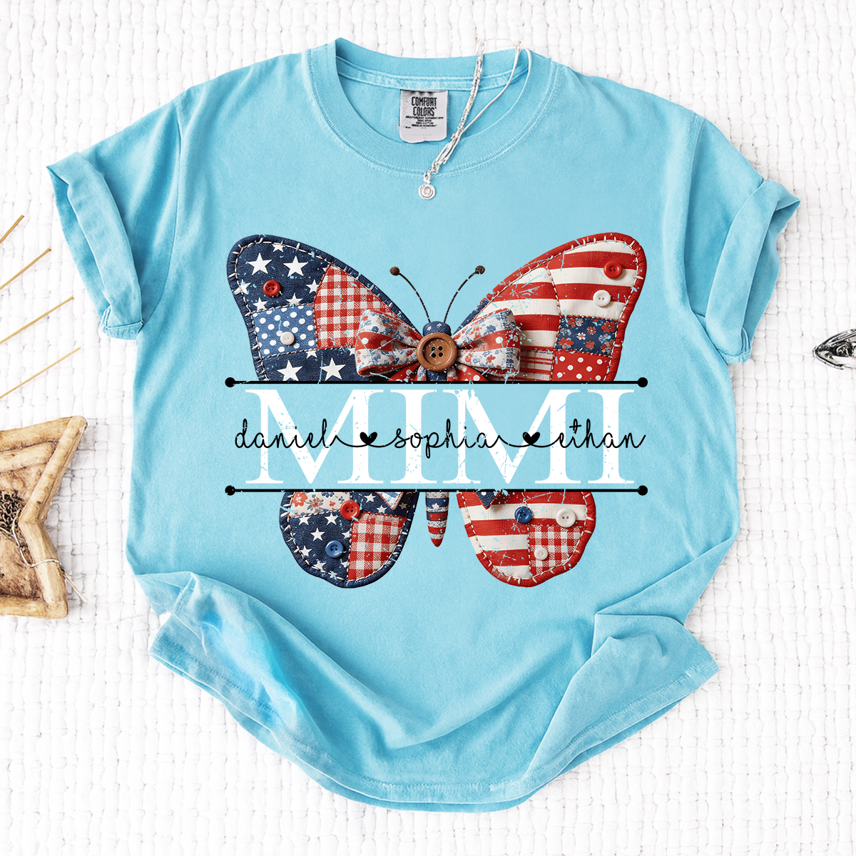 Comfort Mimi Patriotic Shirt, Custom Names with USA Flag and Floral Butterfly Graphic