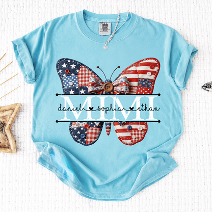Comfort Mimi Patriotic Shirt, Custom Names with USA Flag and Floral Butterfly Graphic