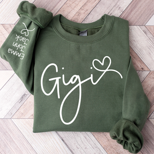 Custom Gigi Sweatshirt, Elegant Script Heart Design Personalized Names
