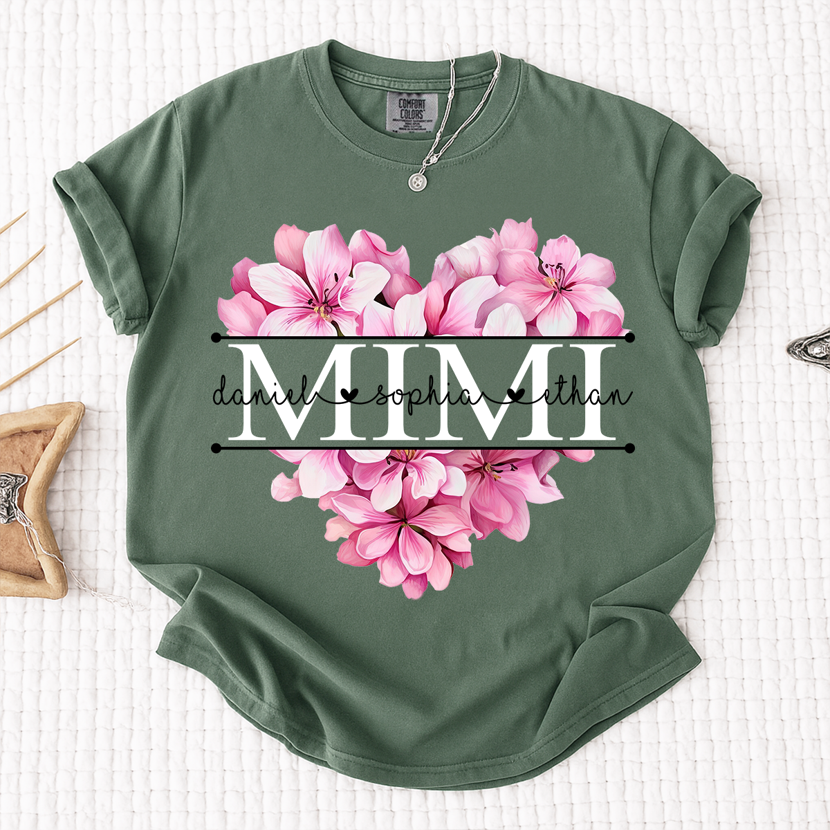 Comfort Colors Pink Floral Heart Design Family Tee, Personalized Mimi Shirt with Custom Names