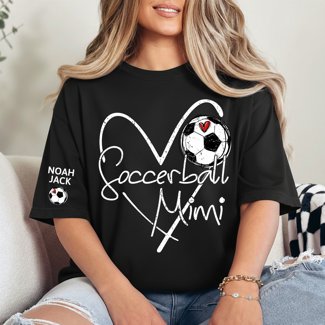 Personalized Soccer Mimi Shirt, Soccer Ball Heart Design with Kids Names