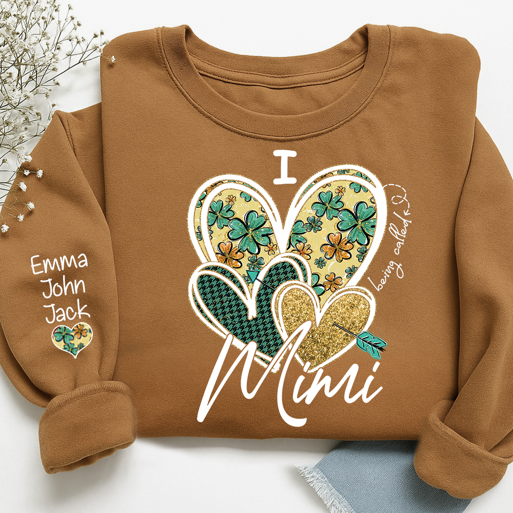 I Love to Be Called Mimi Heart Design Sweatshirt For St. Patrick's Day, Personalized Clover Design Sweatshirt for Grandma with Grandchildren's Names