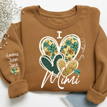 I Love to Be Called Mimi Heart Design Sweatshirt For St. Patrick's Day, Personalized Clover Design Sweatshirt for Grandma with Grandchildren's Names