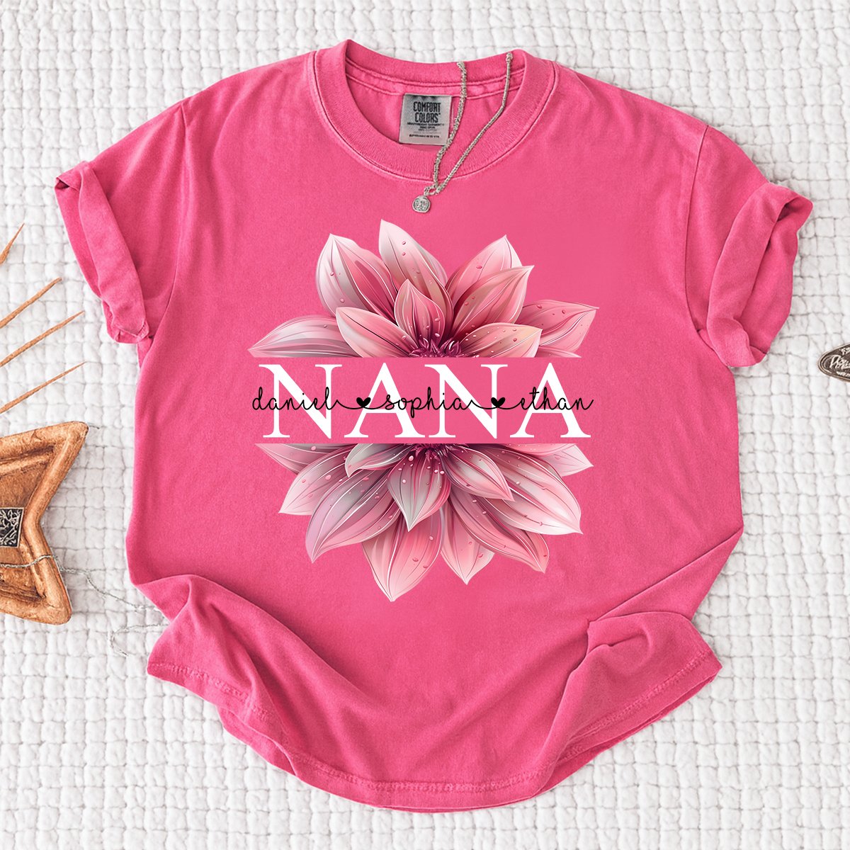 Comfort Colors Personalized Nana Shirt with Pink Lotus Flower Design, Custom Gift for Grandma with Grandkids Names