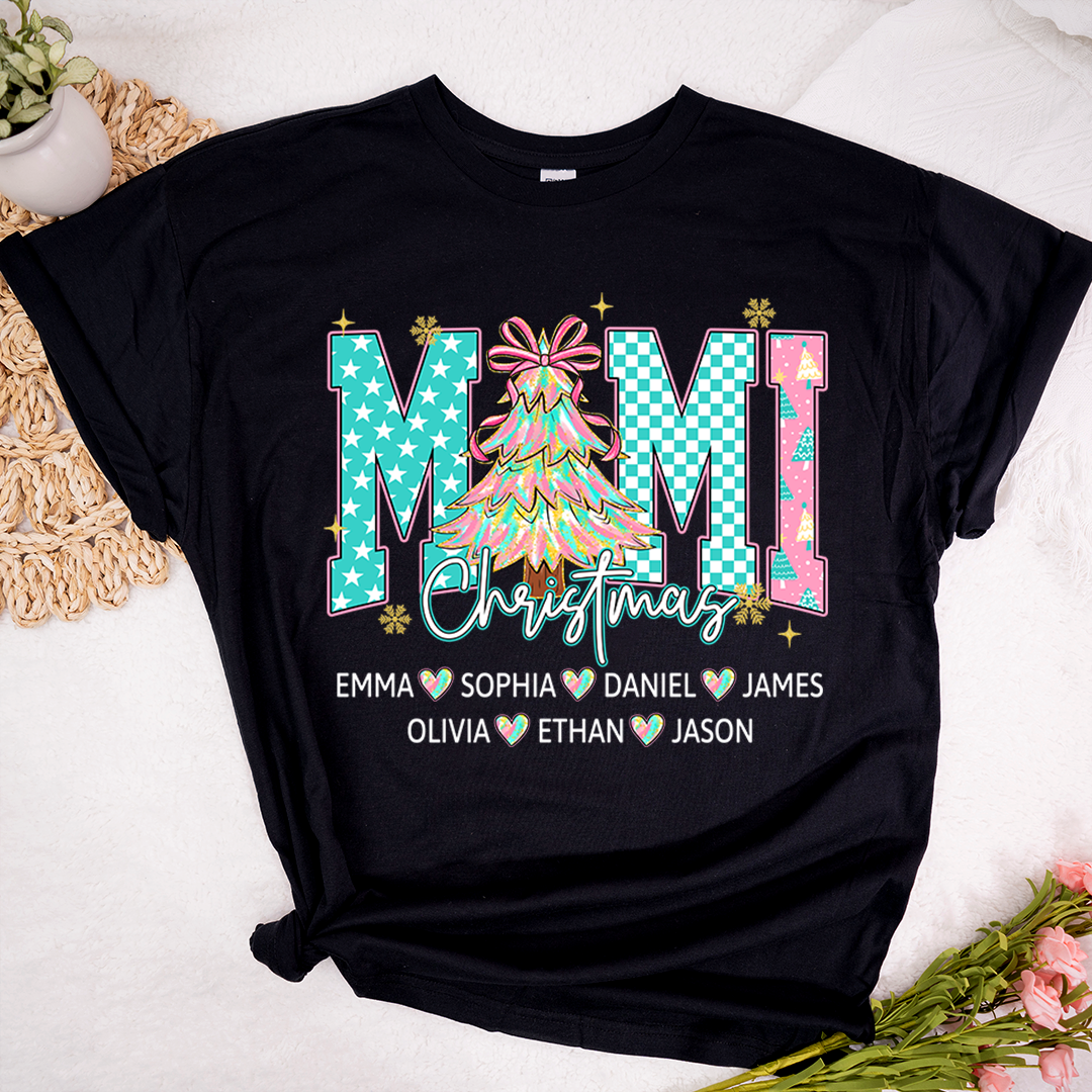 Christmas Tree Mimi T-Shirt, Custom Family Name for Grandma And Kids