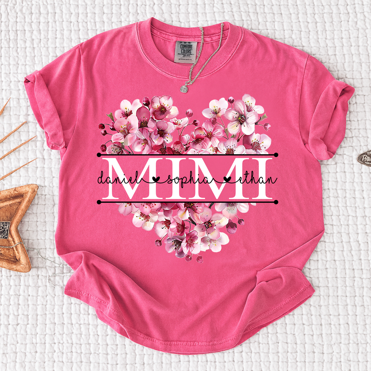 Comfort Mimi Floral Heart Shirt, Custom Family Names Pink Flower Design T Shirt