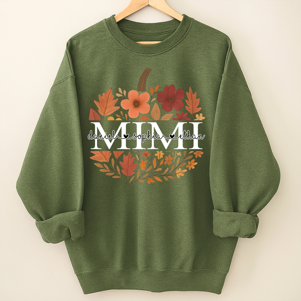 Mimi Pumpkin Floral Sweatshirt, Custom Grandchildren Names Fall Shirt, Personalized Autumn Grandma Gift, Cozy Family Outfit