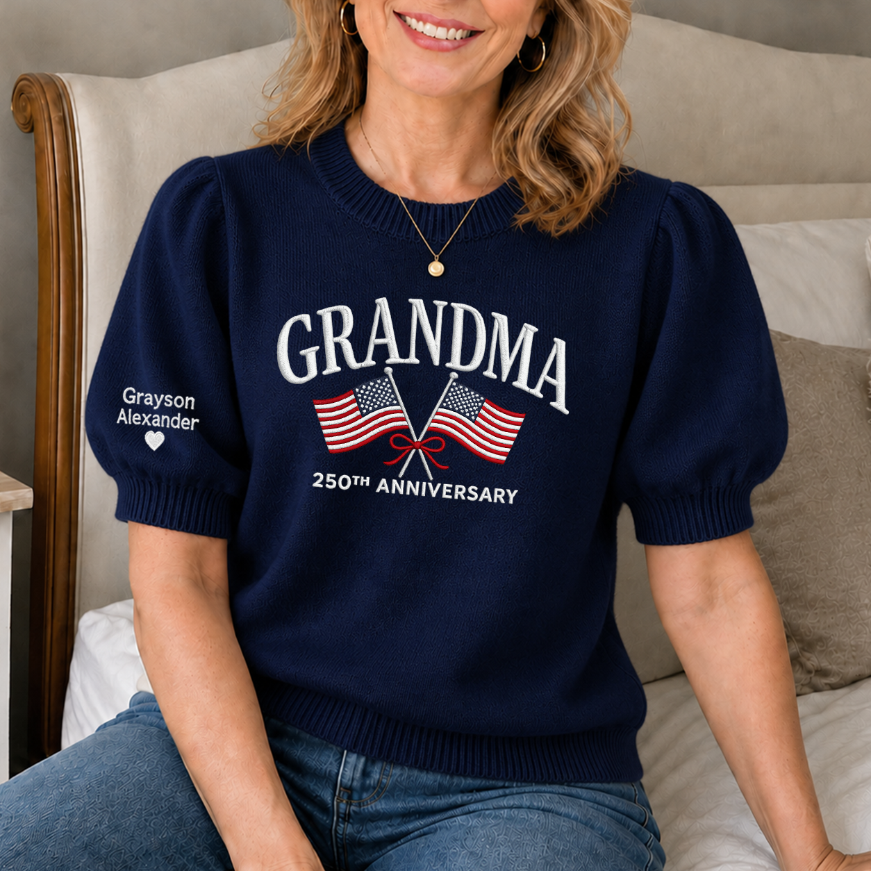 Custom Embroidered Grandma 250th Anniversary Knit Sweater, Personalized US Flag Crewneck, Custom Sleeve Names, Patriotic Grandma Gift