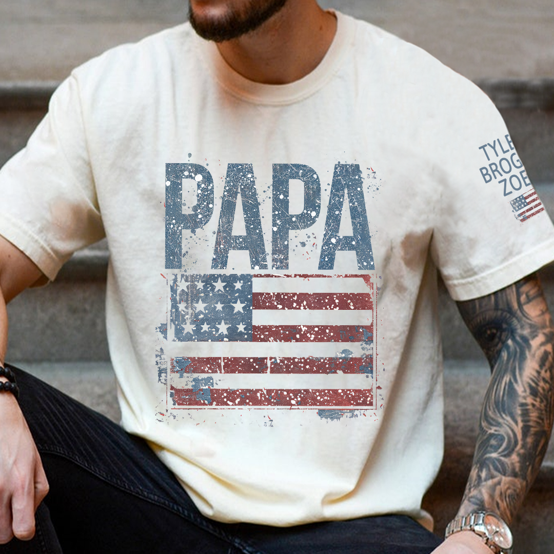 Custom American Flag Papa T-Shirt, Patriotic Papa Gift American Flag Tee
