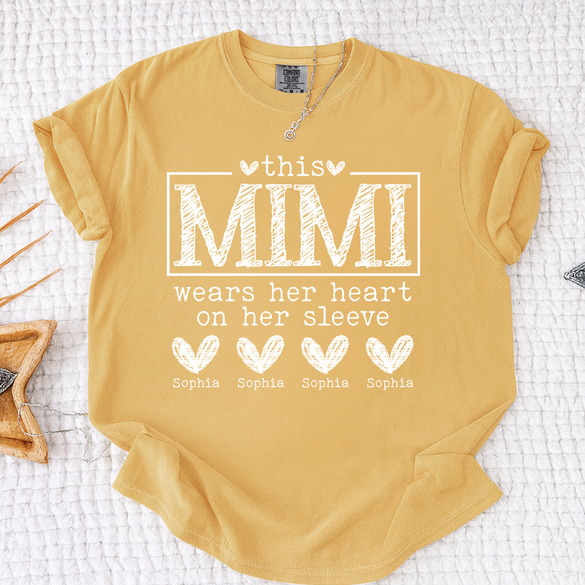 Comfort Colors Custom Mimi Shirt, This Mimi Wears Her Heart on Her Sleeve  with Grandkids Names, Idea Gift for Mother's Day, Birthday