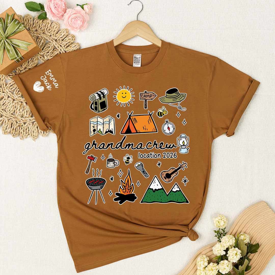 Custom Grandma Crew Camping T Shirt, Personalized Family Names Sleeve Design, Outdoor Adventure Tee for Grandma, Camp Lover Gift