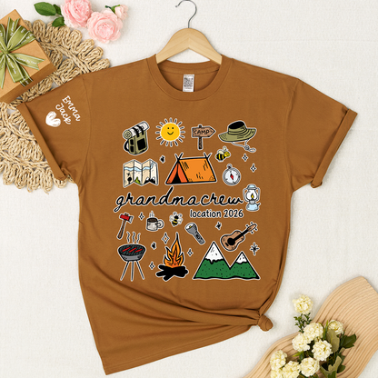 Custom Grandma Crew Camping T Shirt, Personalized Family Names Sleeve Design, Outdoor Adventure Tee for Grandma, Camp Lover Gift