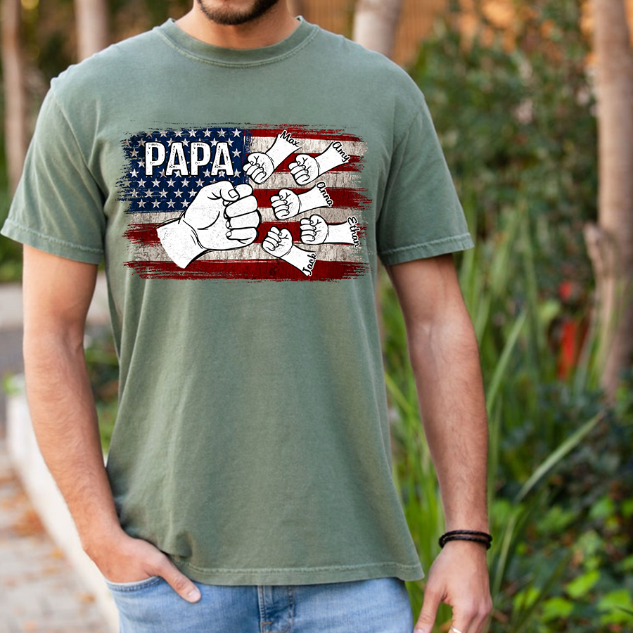 Comfort Colors® Papa Fist Bump Shirt with Kids Names – American Flag Custom T-Shirt for Dad