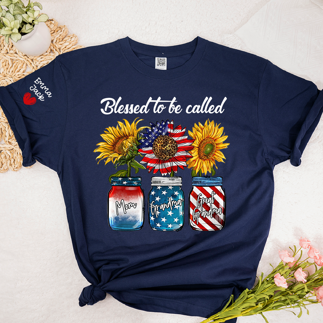 Blessed to be Called Nana Shirt, Custom Family T-Shirt with Sunflower and Flag Design, Give Family