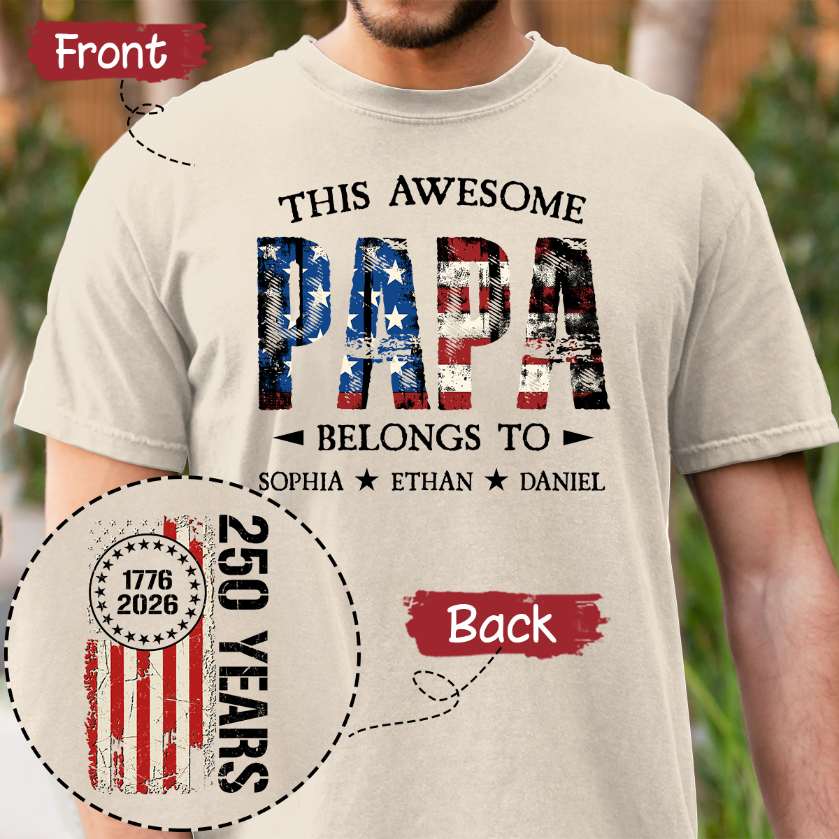 Custom This Awesome Papa Belongs To Shirt, Personalized with Grandkids Names, 250 Years American Flag Design