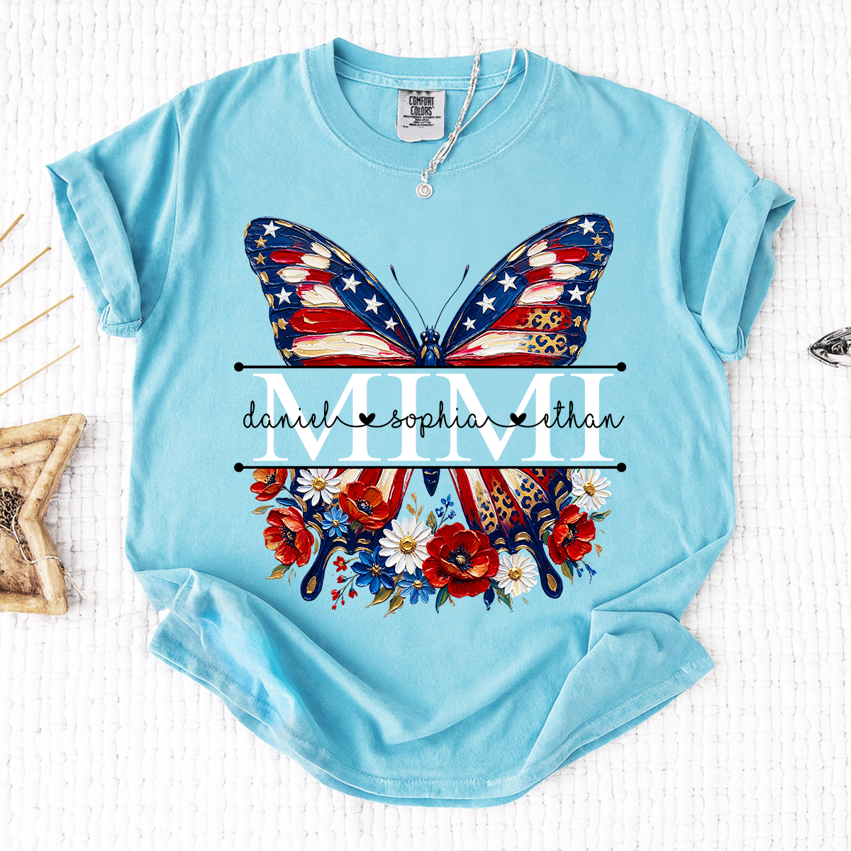 Comfort Custom Mimi T Shirt with Grandkids Names, American Flag Butterfly Family Tee