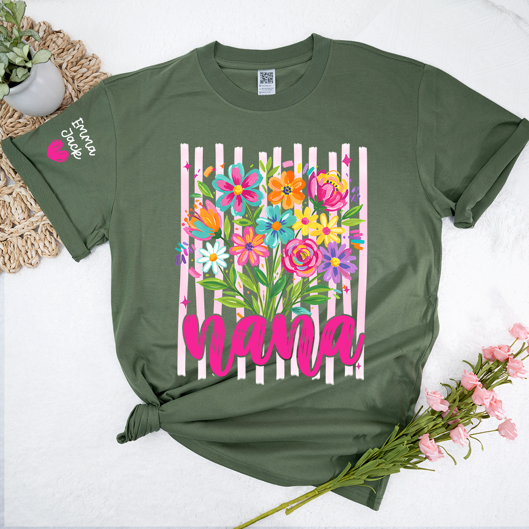 Custom Striped Wildflowers Nana T-Shirt, Trendy Ditsy Floral Gift for Grandma And Kids