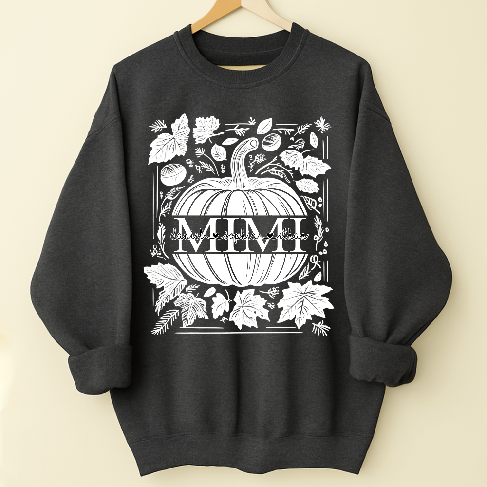 Custom Mimi Autumn Sweatshirt, Pumpkin and Leaf Design with Grandkids Names, Personalized Grandma Fall Apparel