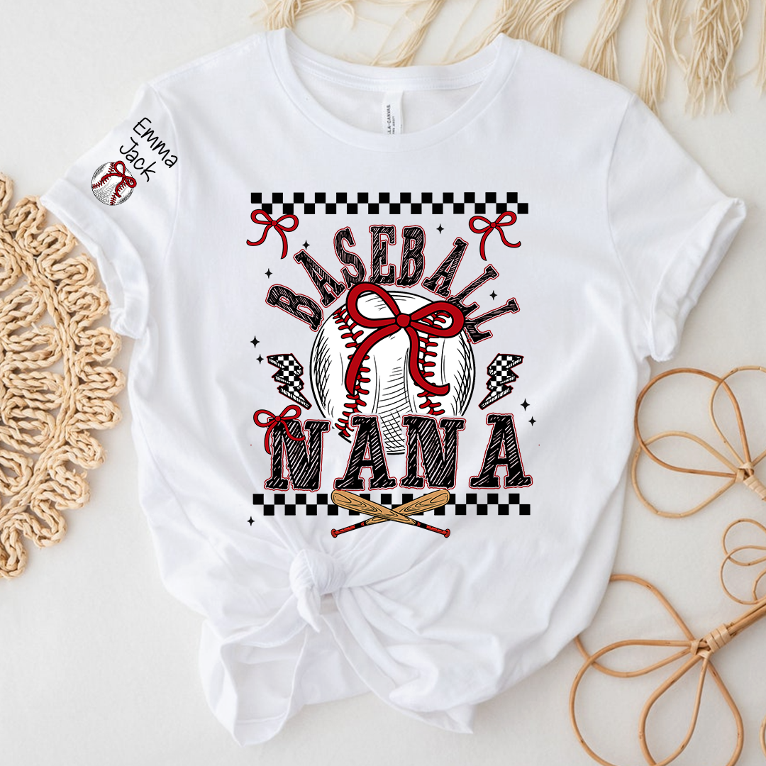 Baseball Nana T-Shirt, Personalized Nana T-Shirt with Bow and Vintage Baseball Design