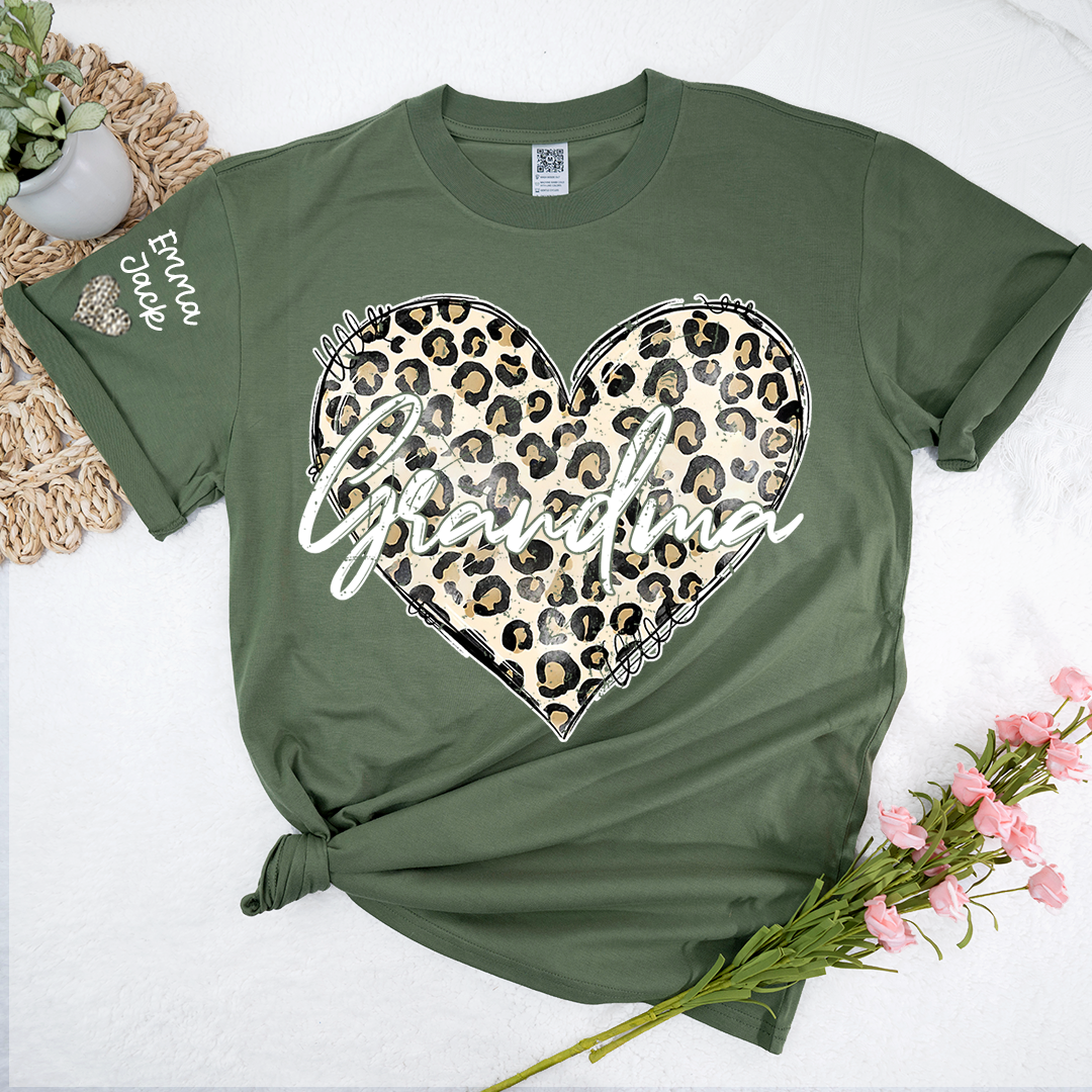 Personalized Grandma Shirt with Leopard Heart Design, Custom Family T Shirt