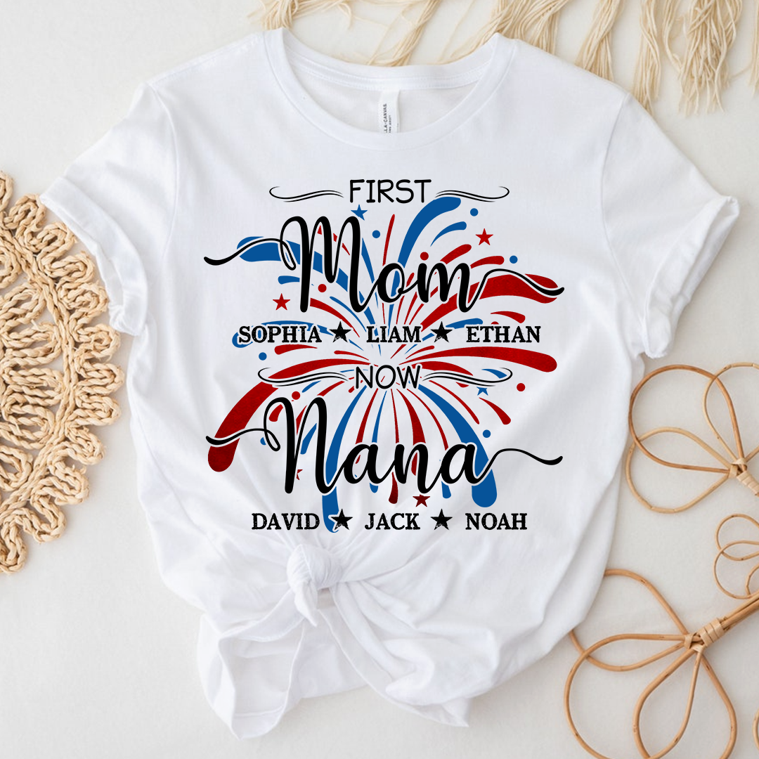 Custom Printed T-shirts Featuring American Fireworks For First Mom, Now Grandma, Patriotic T-shirts With Personalized Family Names For Grandma And Her Grandchildren