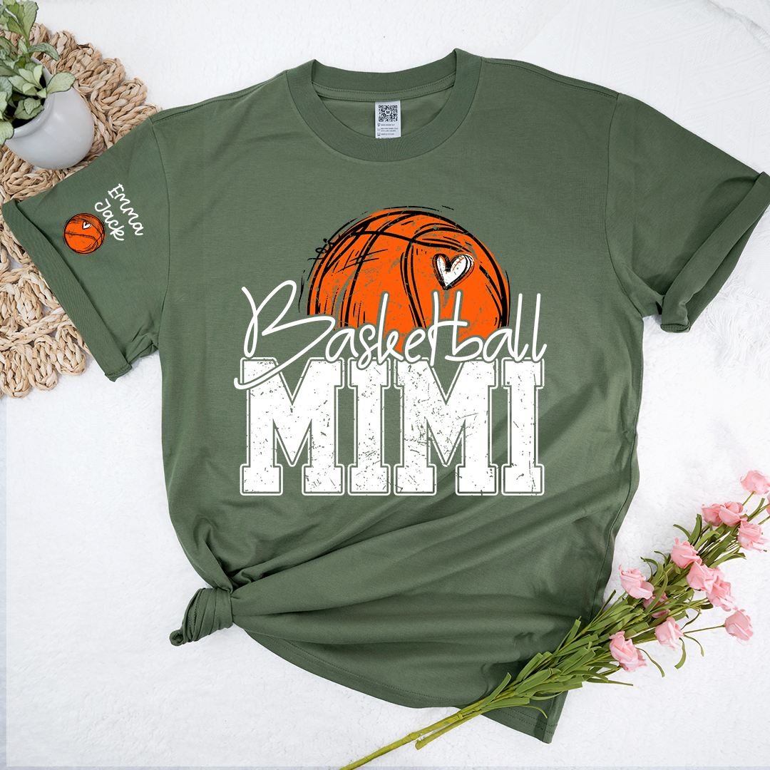 Custom Basketball Mimi Shirt with Heart and Ball Graphic, Personalized Family Names