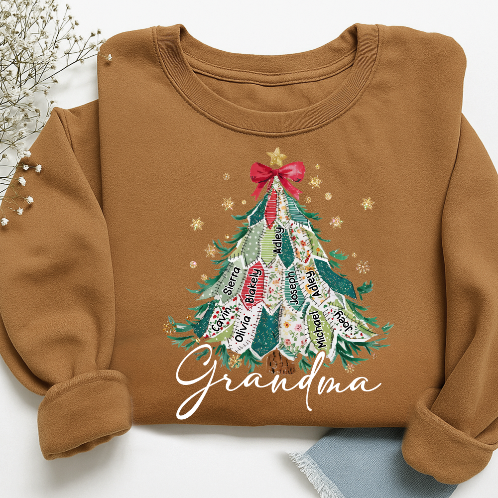 Personalized Grandma Christmas Sweatshirt, Custom Name Tree Ribbon Holiday Shirt