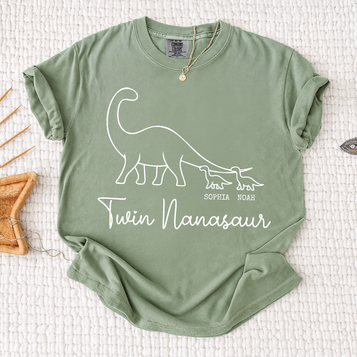 Comfort Colors® Twin Nanasaur Shirt, Personalized Dinosaur Grandma Tee, Custom Grandkids Names T Shirt, Fun Dino Grandma Gift