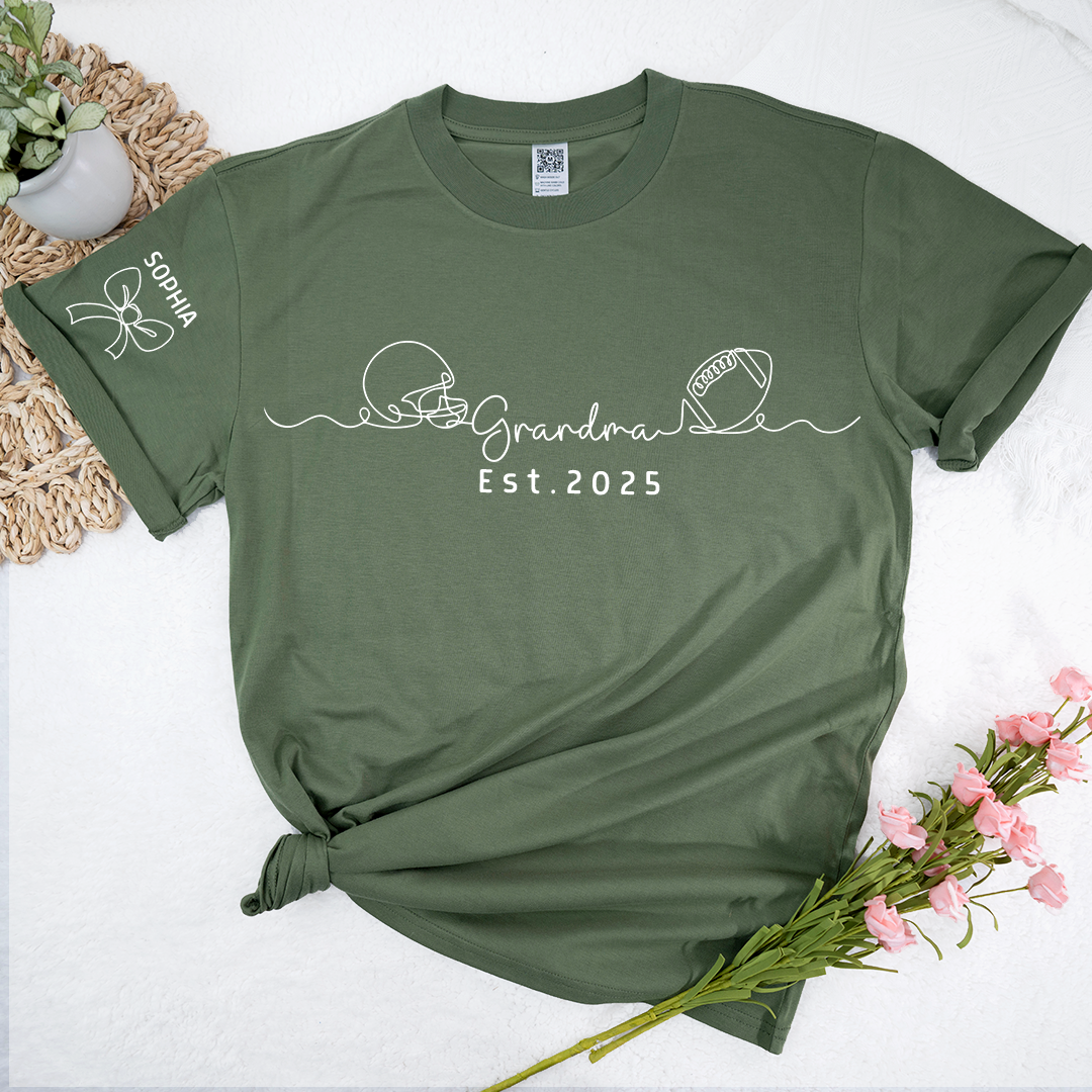 Custom Grandma T Shirt, Football Line Art For Gift Grandma And Kids Est. 2025