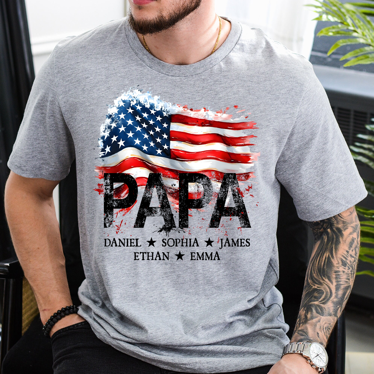 Papa American Flag Shirt, Personalized Papa Tee with Kids Names, Patriotic Grandpa Gift, Custom Family Shirt for Dad
