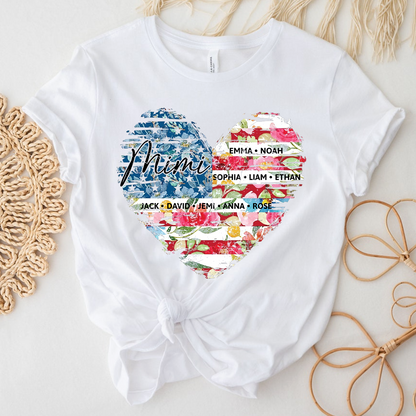 Personalized Mimi Heart Shirts With Children's Names, Family T-Shirts With Stylized Floral And American Flag Designs