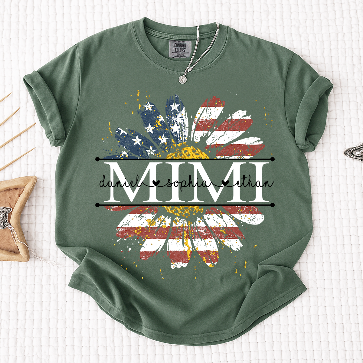 Comfort Mimi Daisy Shirt With American Flag Print, Custom Name, Floral Design, Personalized Family t-shirt