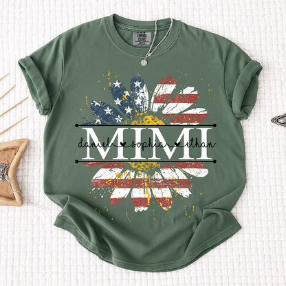 Comfort Mimi Daisy Shirt With American Flag Print, Custom Name, Floral Design, Personalized Family t-shirt