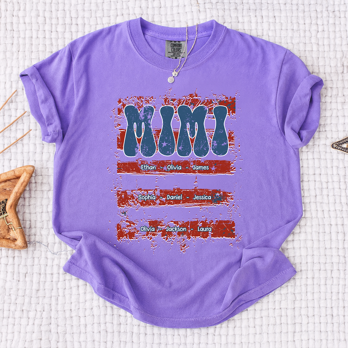 Comfort Colors Personalized Mimi Shirt with Family Names Patriotic American Flag Graphic Custom Family T Shirt for Mimi