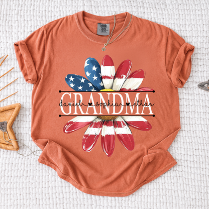 Comfort Colors Personalized Grandma Monogram Shirt, Custom Family Names Patriotic Flower T-Shirt