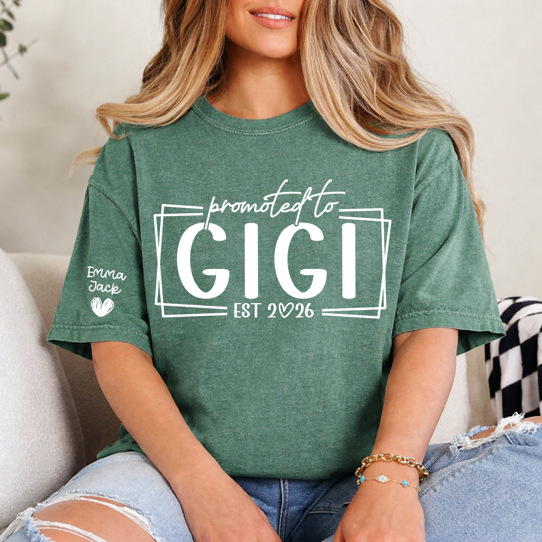 Promoted To Gigi Est 2026 Shirt, Personalized Grandkids Names Sleeve Tee, New Gigi Gift, First Time Grandma Announcement Shirt