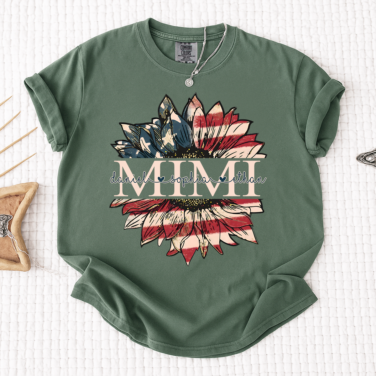 Comfort Colors Personalized Mimi Shirt Sunflower American Flag Design, Custom Kids Names Grandma T Shirt