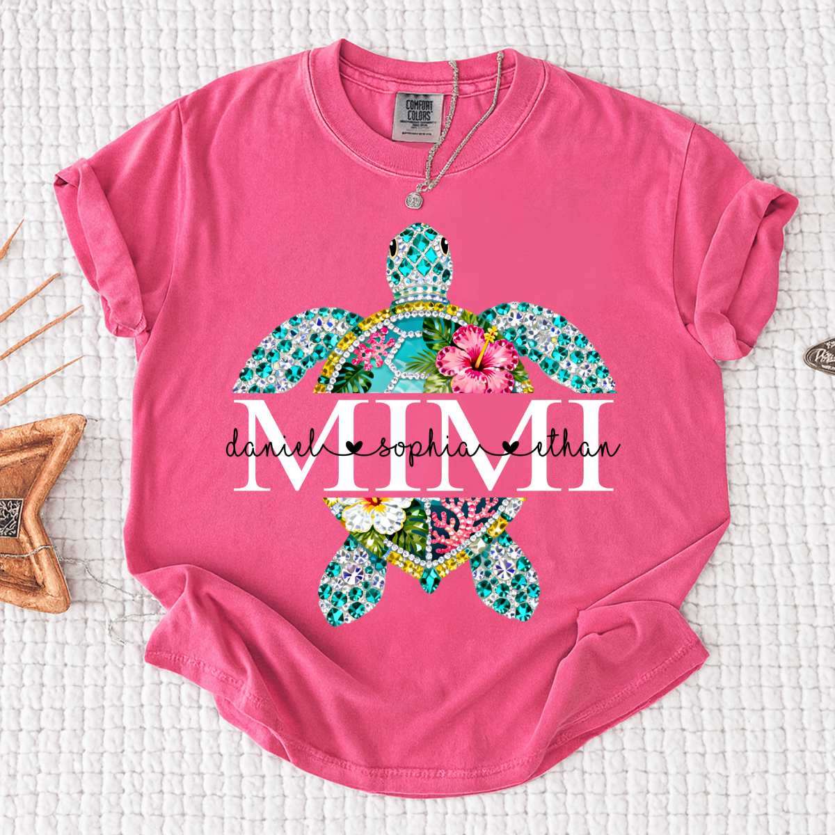 Comfort Colors Custom Mimi Turtle Monogram Shirt – Personalized Family Name Turtle Graphic Tee, Ocean Lover Gift for Women