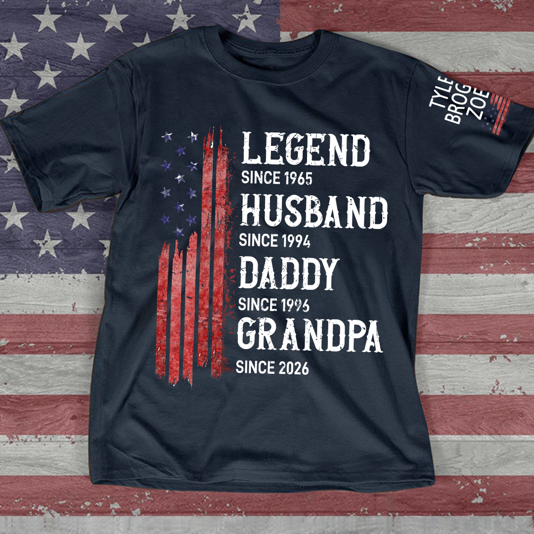 Personalized American Flag Printed T-Shirt For Husband, Father, Grandfather, With Custom Names Of Grandchildren