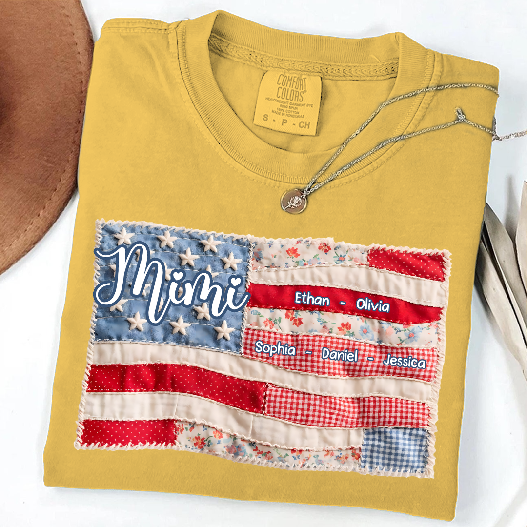 Comfort Colors Personalized Mimi Shirt with Family Names, Custom American Flag Design, Ideal Gift for Grandmother