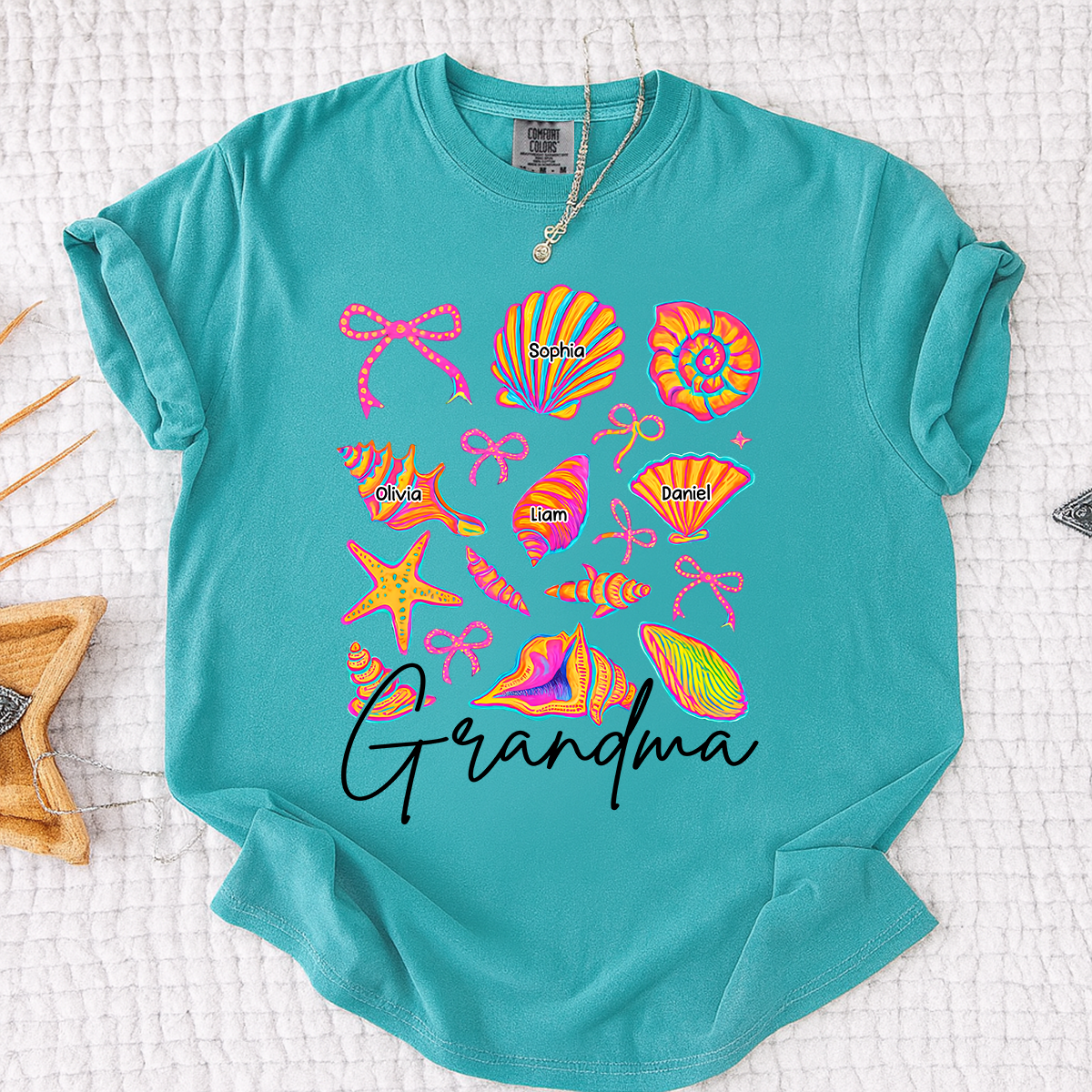 Comfort Colors Personalized Grandma Shirt with Grandkids Names, Custom Beach Seashell Grandma Tee, Coastal Summer Family Gift for Grandmother
