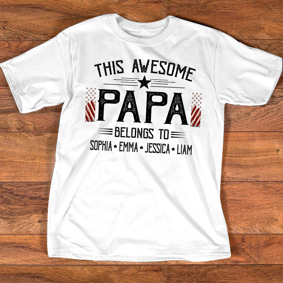 Custom This Awesome Papa T Shirt, American Flag Graphic, Personalized with Family Names for Papa