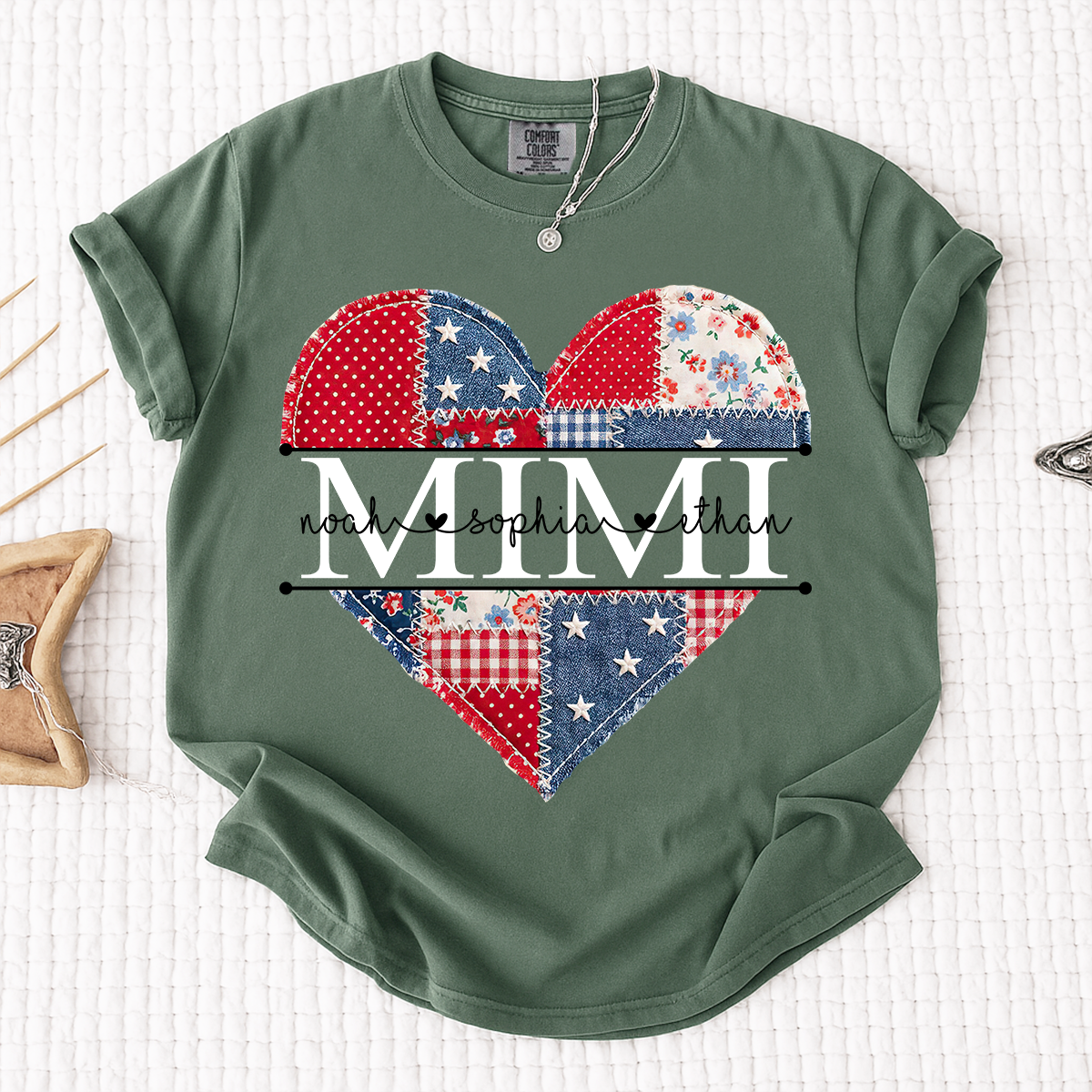 Comfort Colors Personalized Mimi Shirt with Grandkids Names, Patriotic Heart Patchwork Design