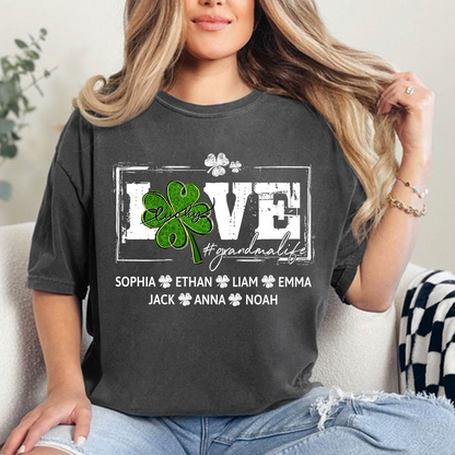 Grandma St Patrick’s Day Shirt, LOVE Shamrock Grandmalife Personalized Family T Shirt