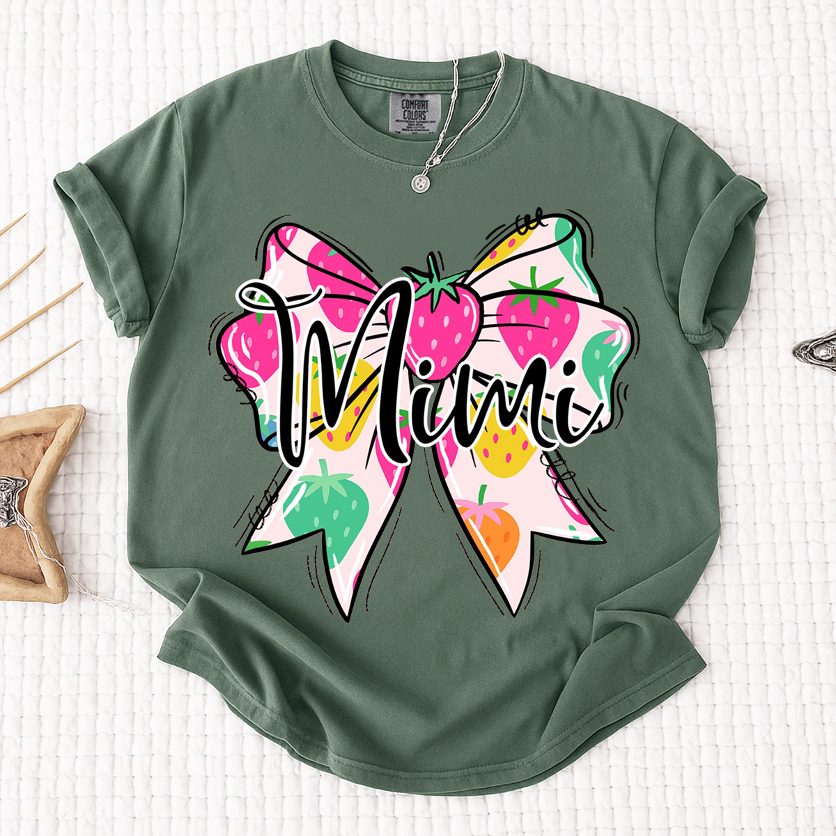 Comfort Colors® Mimi Strawberry Bow Shirt, Cute Grandma Bow Shirt for Women, Fruit Pattern Mimi Tee, Gift for Mimi And Kids