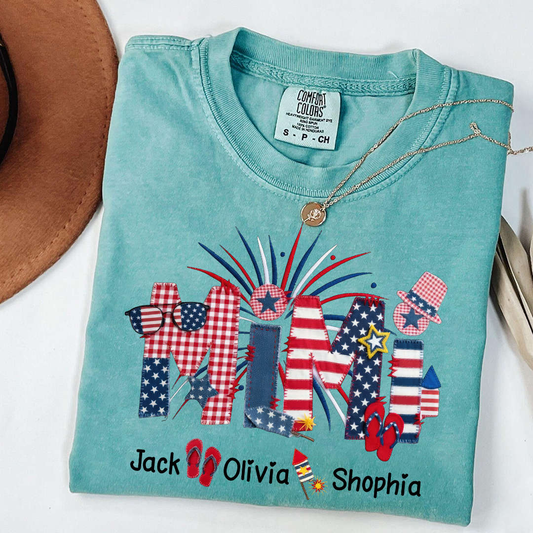 Comfort Colors Mimi Custom T Shirt with Patriotic Design & Grandkids' Names, Perfect for 4th of July